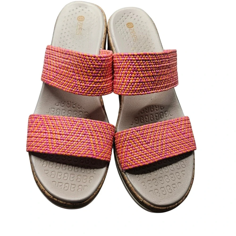 Bzees Sz 9 Double Strap Cork Wedge Sandals Red Orange Stretch Woven Comfort #374